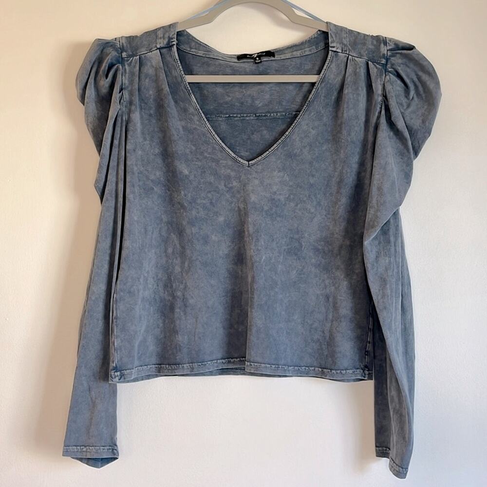 7 For All Mankind V-Neck Puff Sleeve Crop Top Size S Stone Wash Blue Long Sleeve